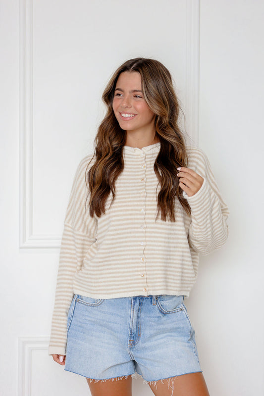 Button Down Cardi Tan Stripe