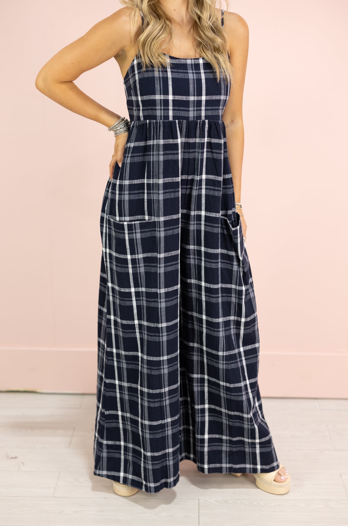 Navy Plaid Smocked Back Jumpsuit