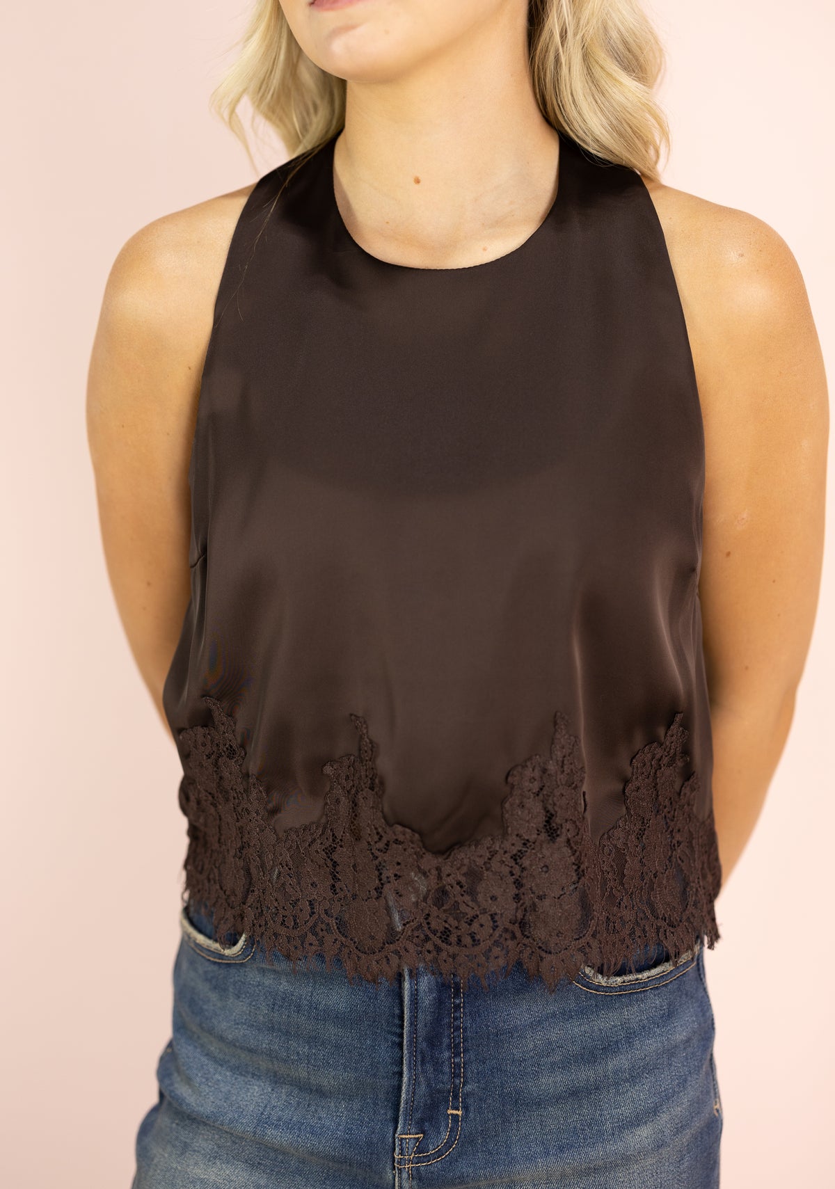 Satin Halter Lace Hem Top Brown