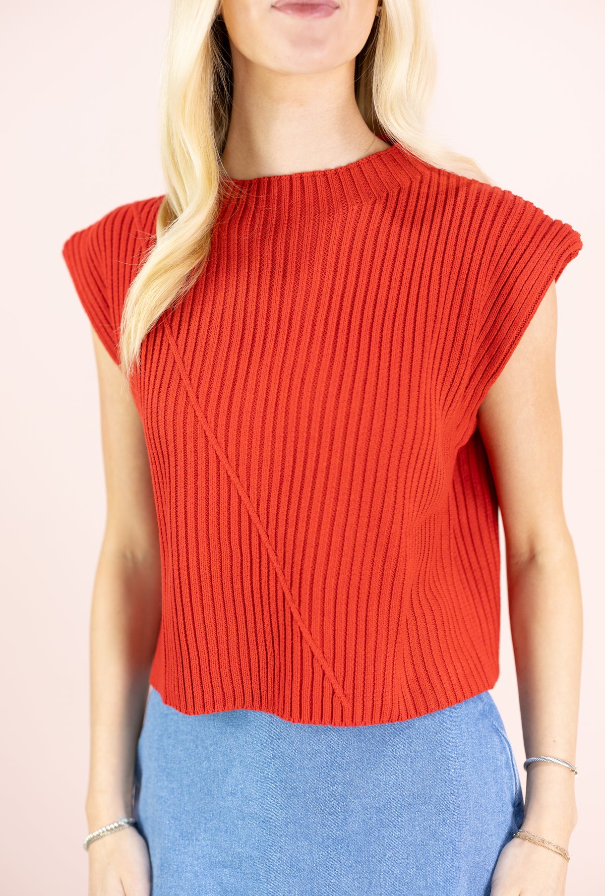 Red Ribbed Sweater Top