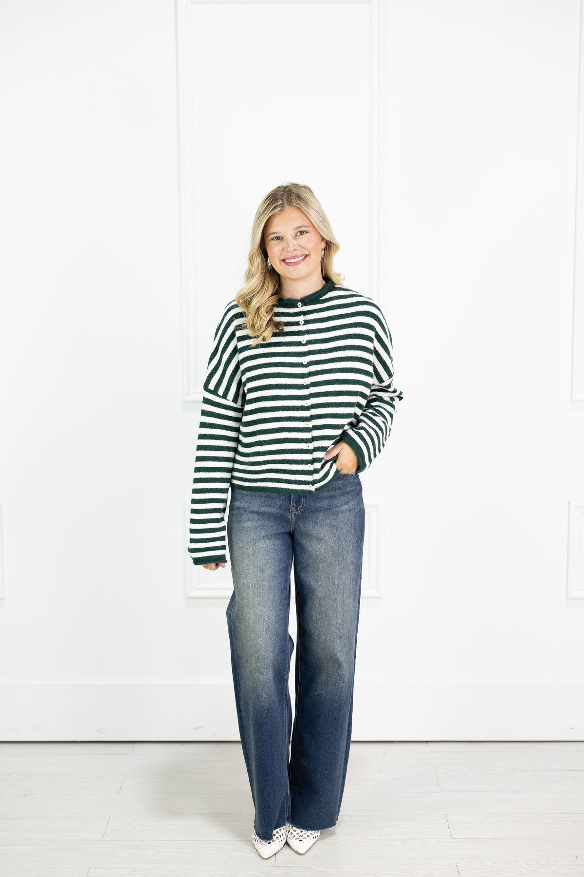 Button Down Cardi Forest Stripes