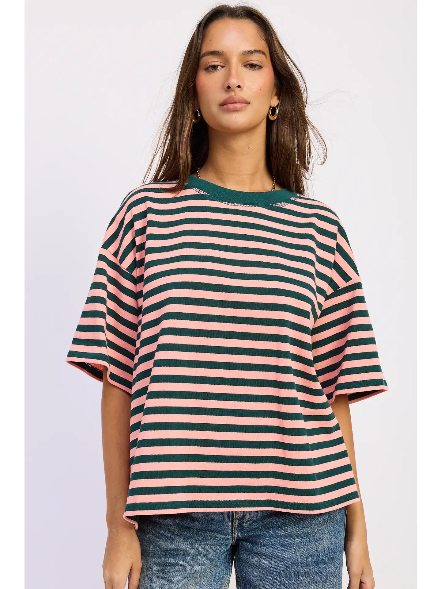 Short Sleeve Stripe T-shirt Green/Pink