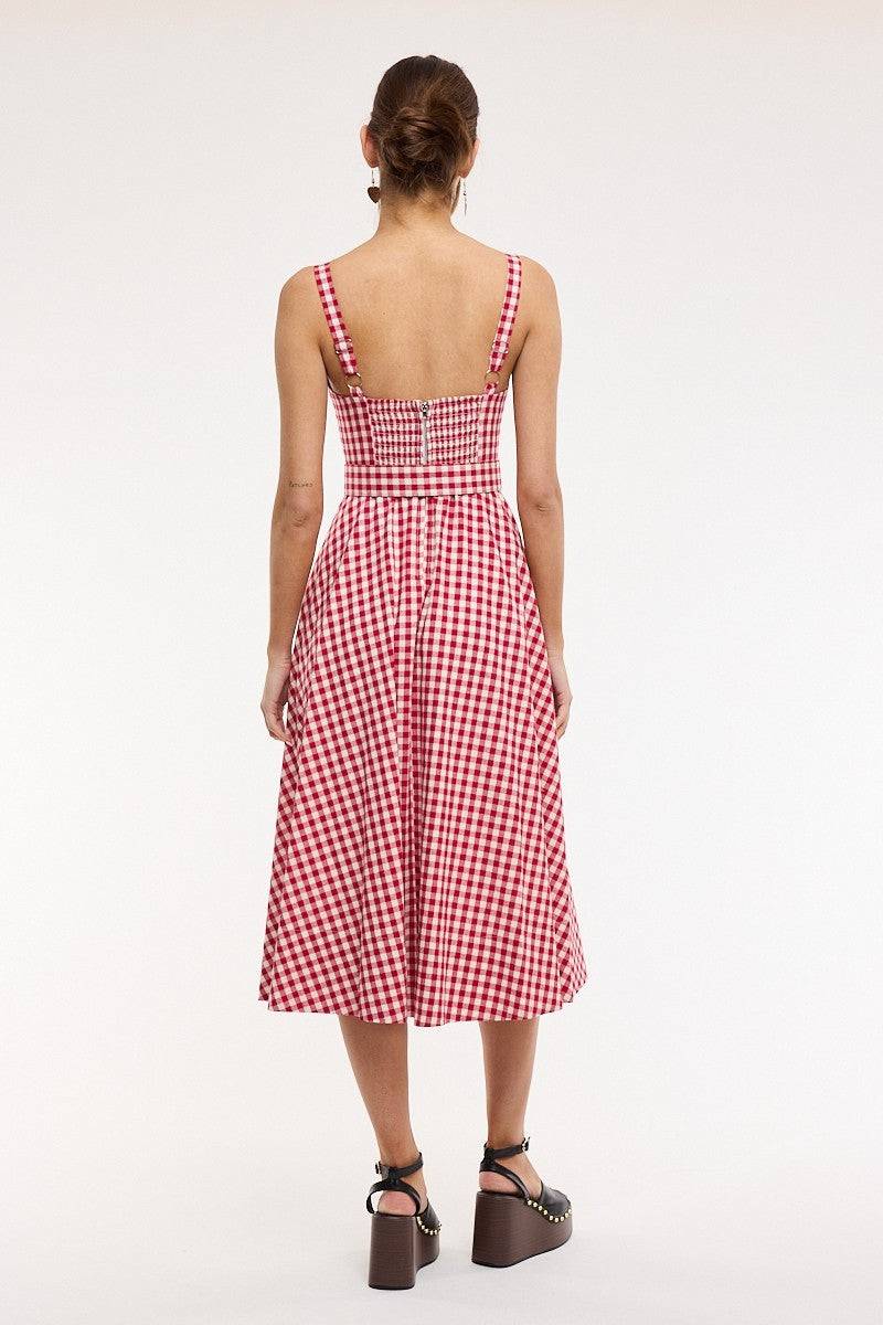Gingham Checker Waist Belt Midi Dress Red - Clothe Boutique