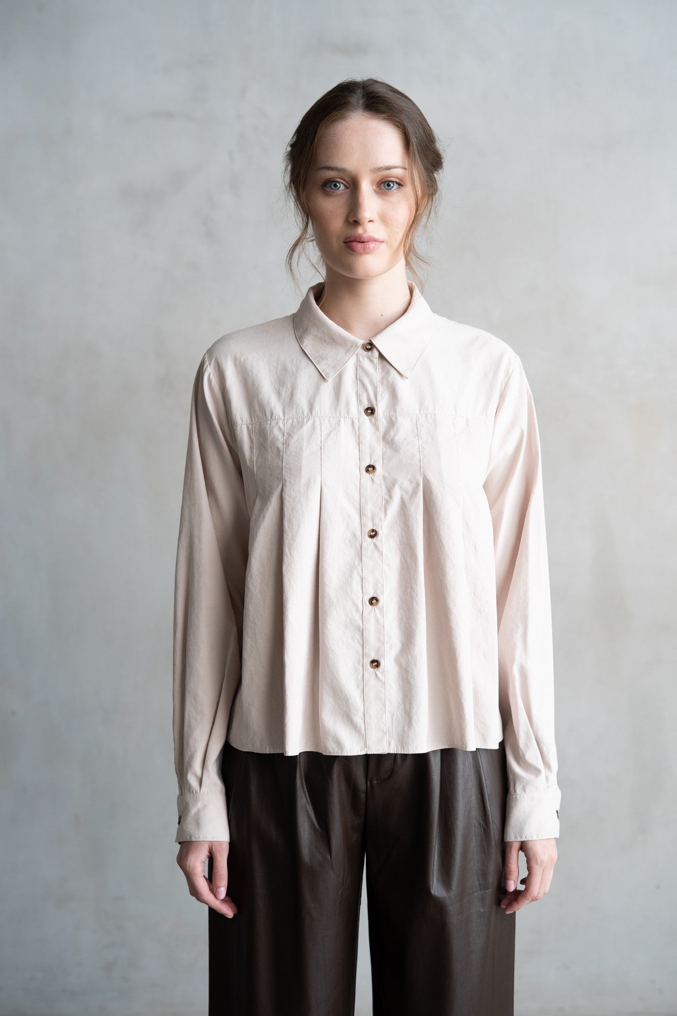 Pleated Button-Up Shirt Taupe