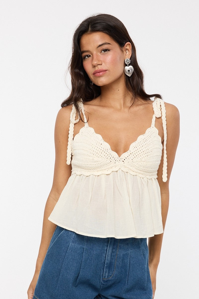 Crochet Shoulder Tie Top Natural