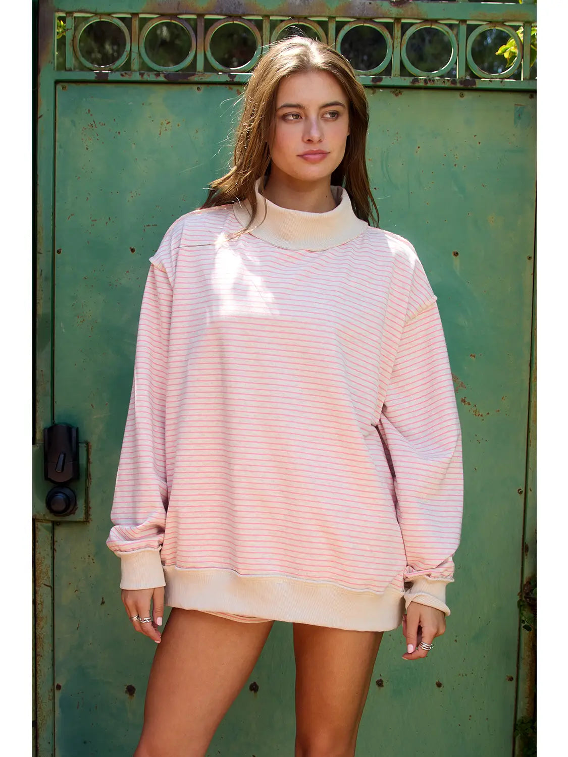 Striped Mockneck Oat/Pink