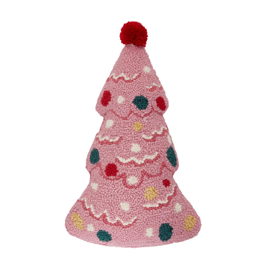 Pink Holiday Tree W/ Pom Hook Pillow