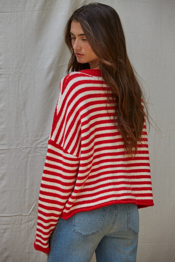 Striped Button Down Sweater Red/White