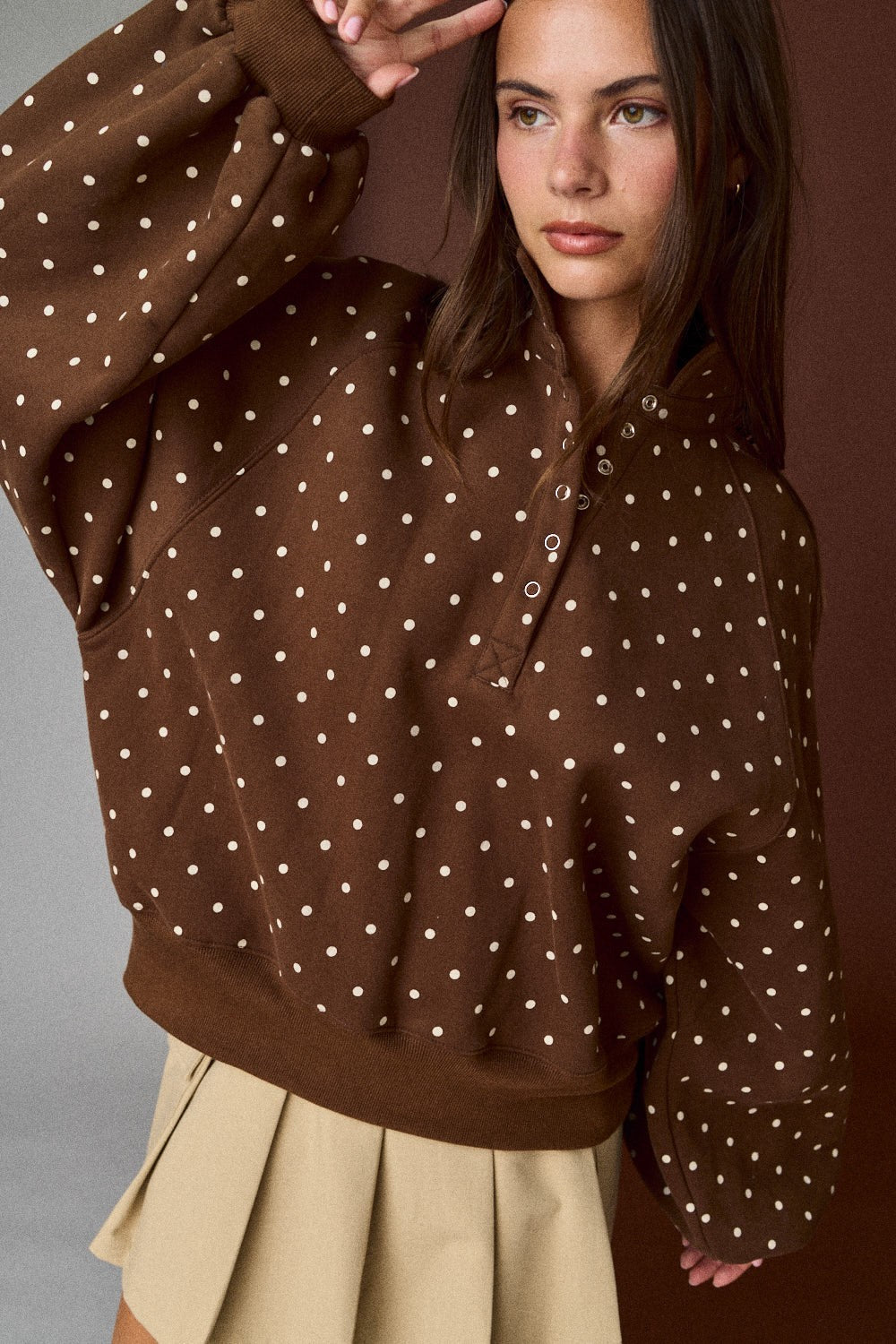 Brown Polka Dot Snap Button Pullover