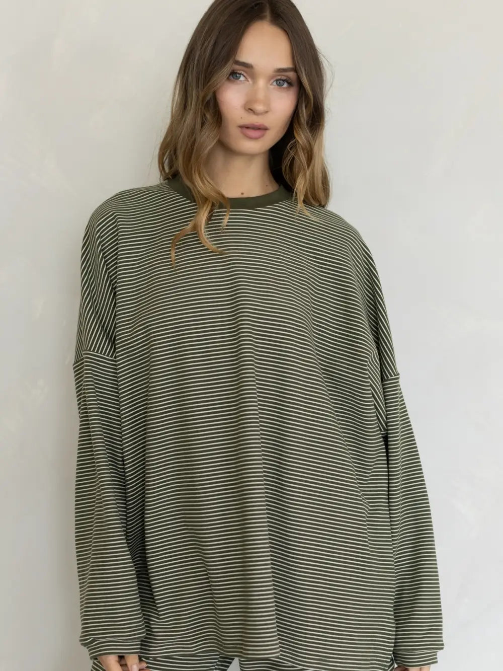 Striped Fleece Oversize Top Olive