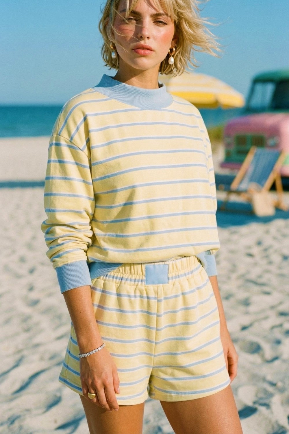 Yellow/Blue Mock Neck Stripe Sweatshirt & Shorts Set of 2