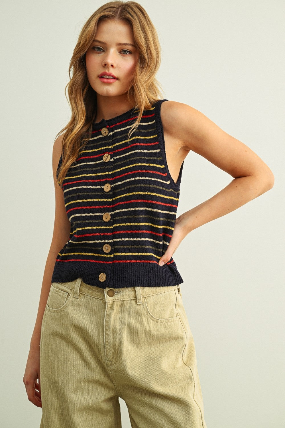 Multi Stripe Button Knit Top Navy