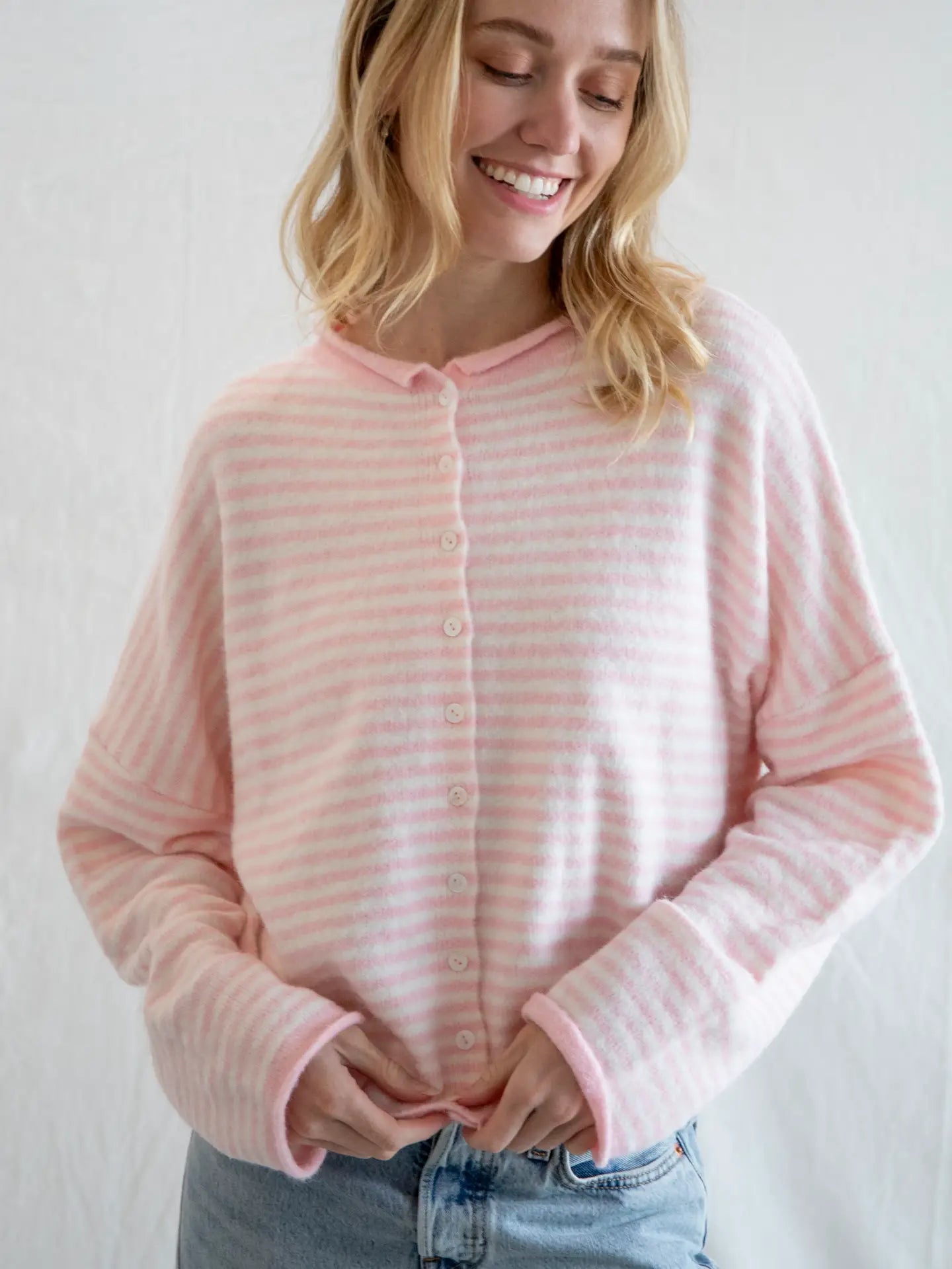 Button Down Cardi Light Pink Stripes - Clothe Boutique