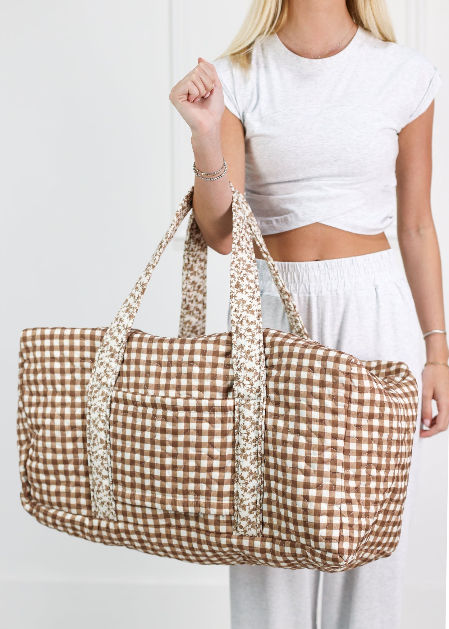 Brown Gingham Quilted Duffle Bag