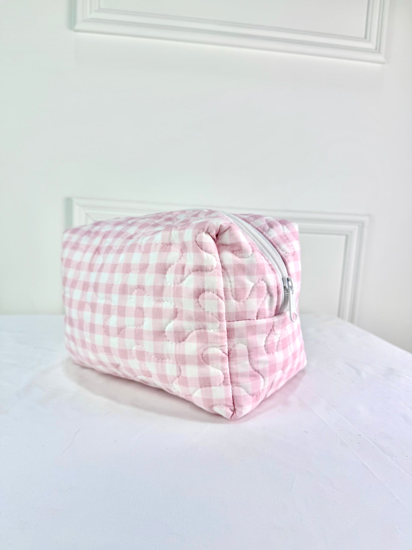 Pink Gingham Patchwork Quilted Makeup Bag L