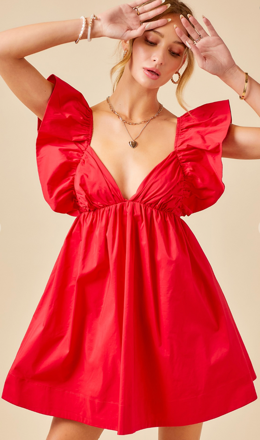 Ruffle Poplin Dress Red