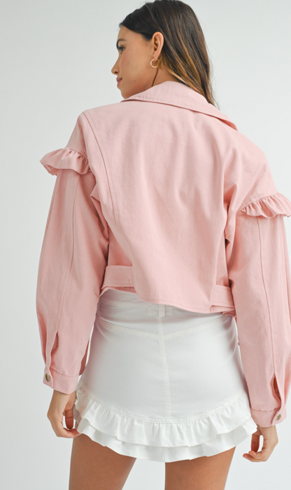 Ruffle Detail Denim Jacket Pink