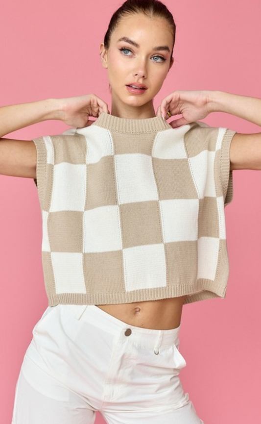 Taupe Checker Knit Top