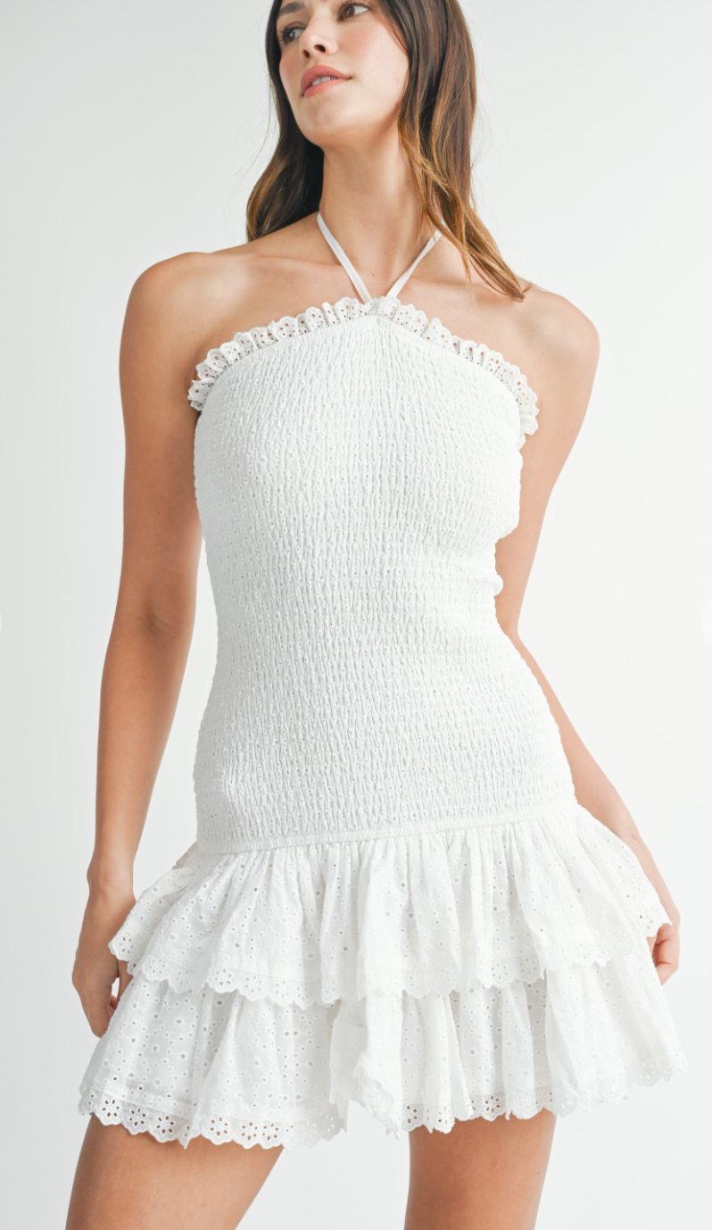 Smocked Eyelet Mini Dress White
