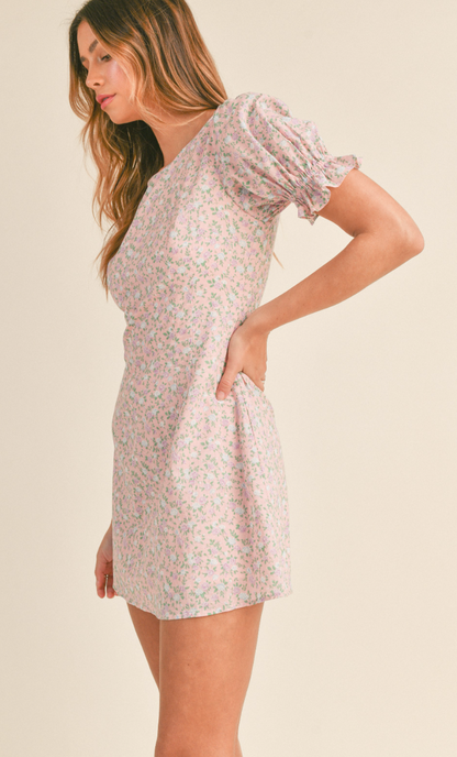 Pink Floral Puff Sleeve Dress