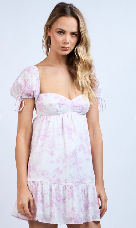 Puff Sleeve Floral Babydoll Dress Pink