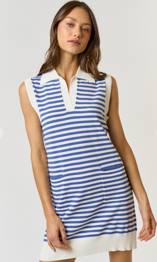 Collared Stripe Knit Dress Blue
