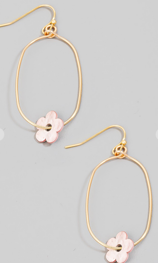 Flower Charm Oval Earrings Pink