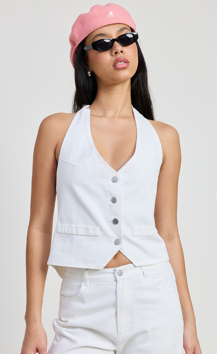 White Denim Halter Button Top