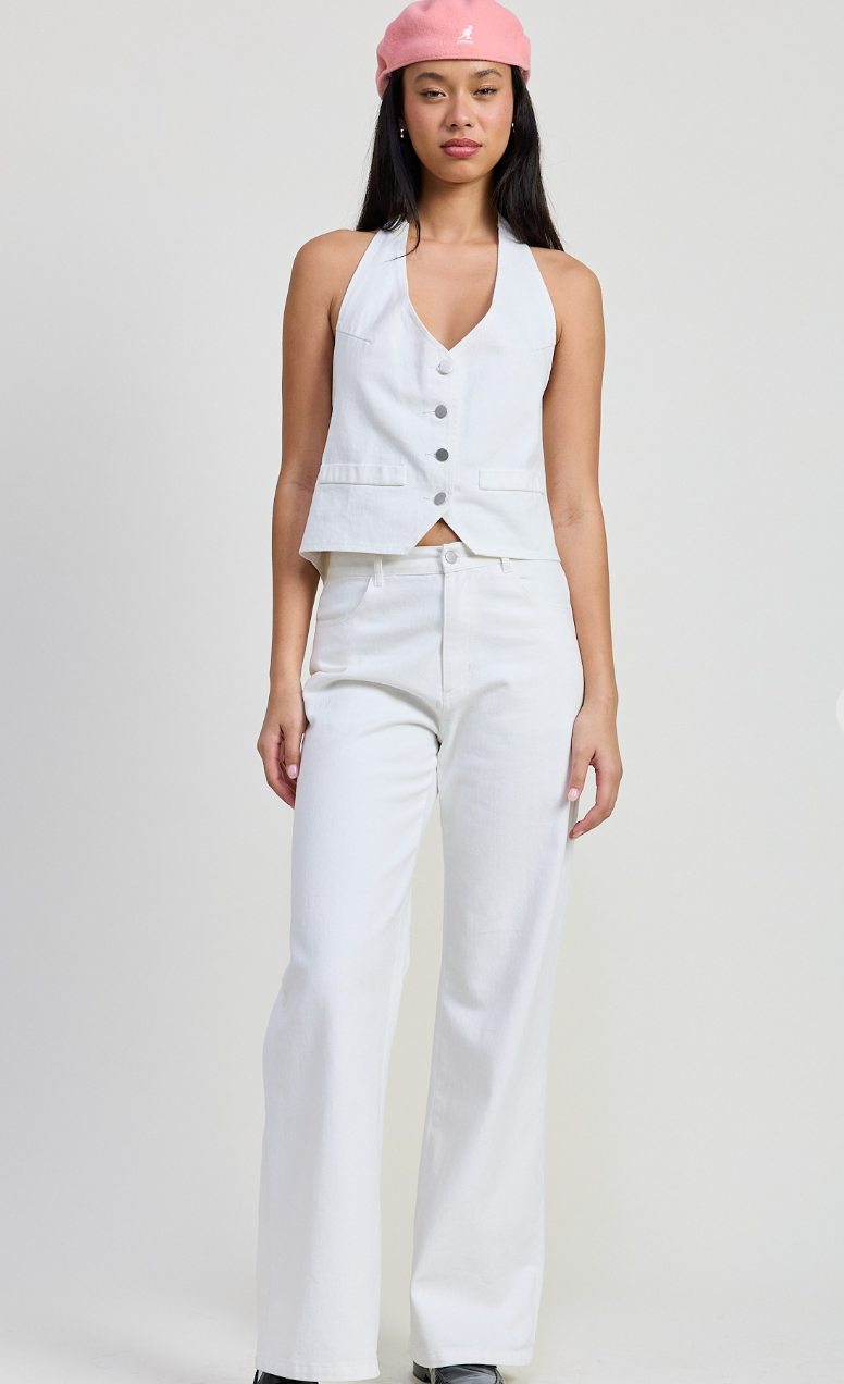 White Denim Halter Button Top