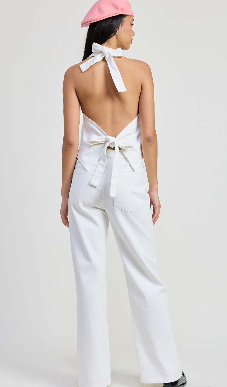 White Denim Halter Button Top