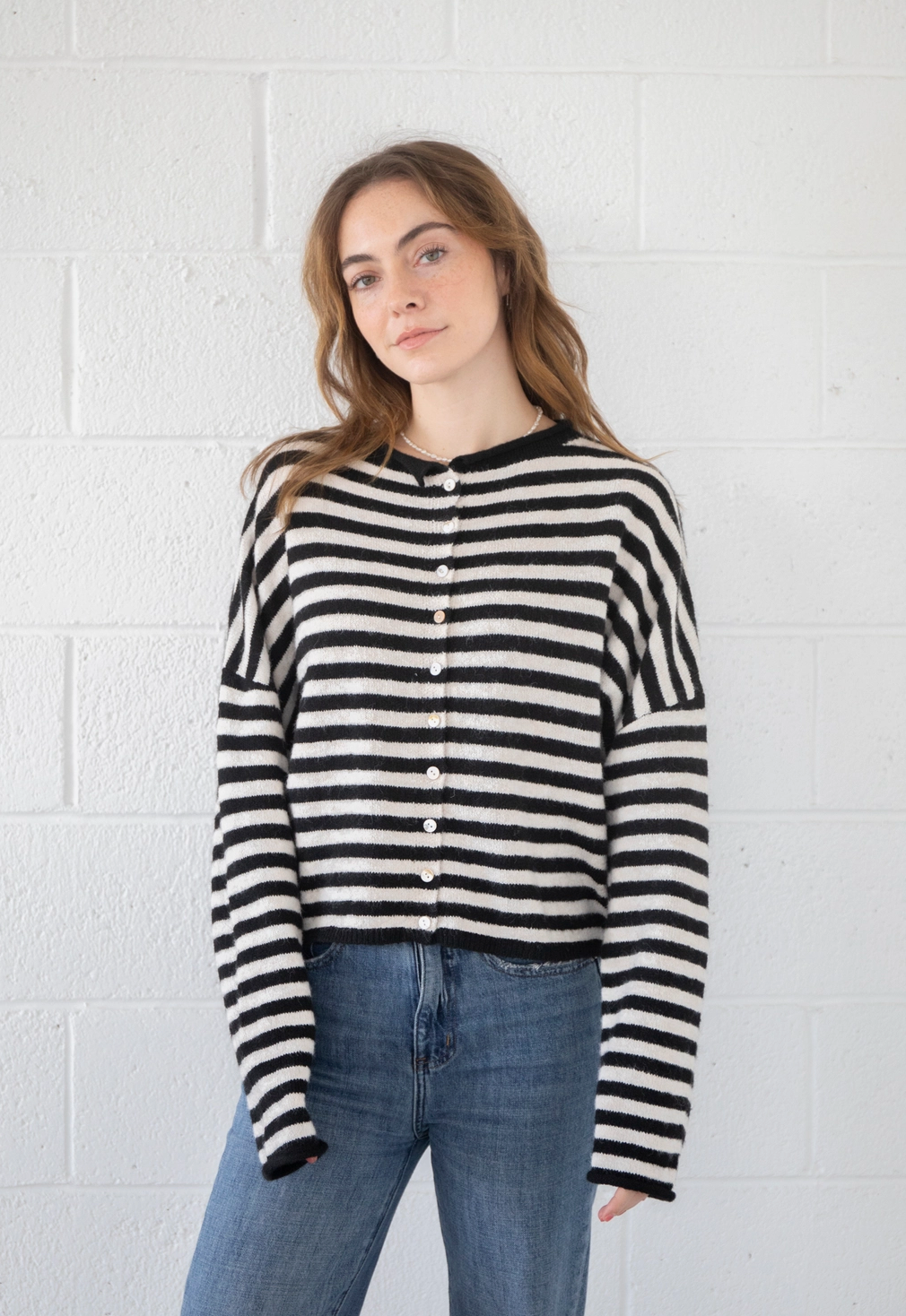 Striped Button Down Cardigan Ivory/Black
