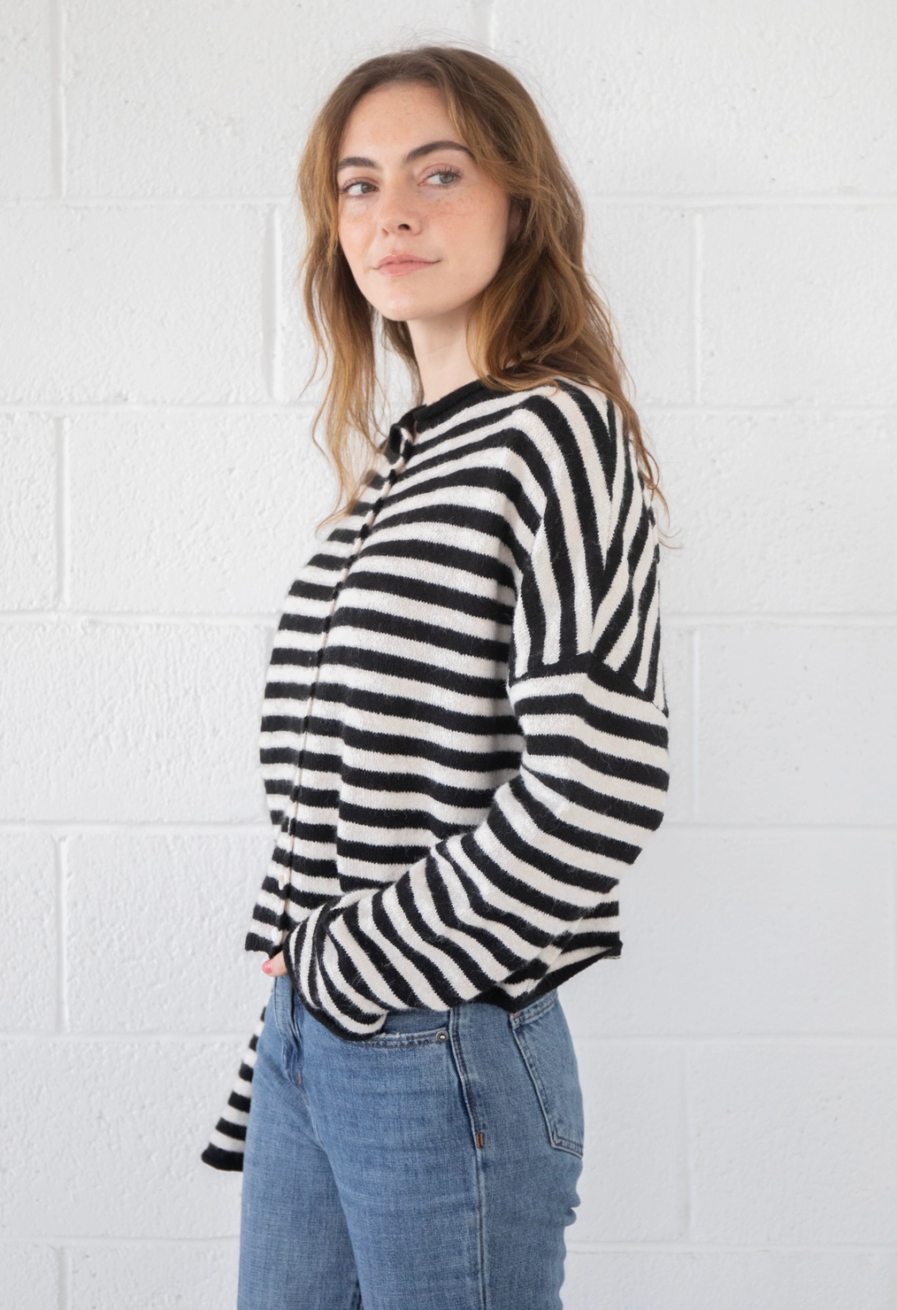 Striped Button Down Cardigan Ivory/Black