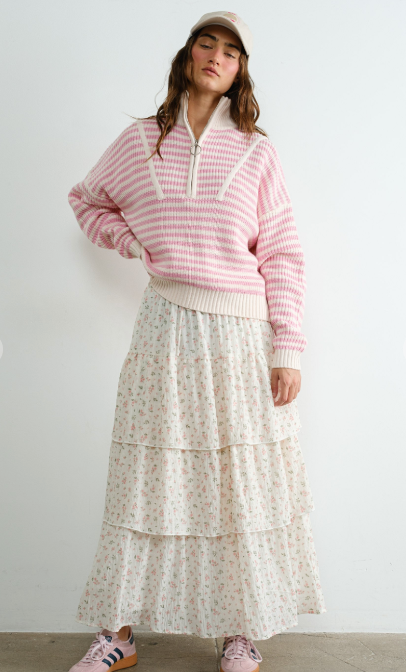 Half Zip Stripe Sweater Pink/White