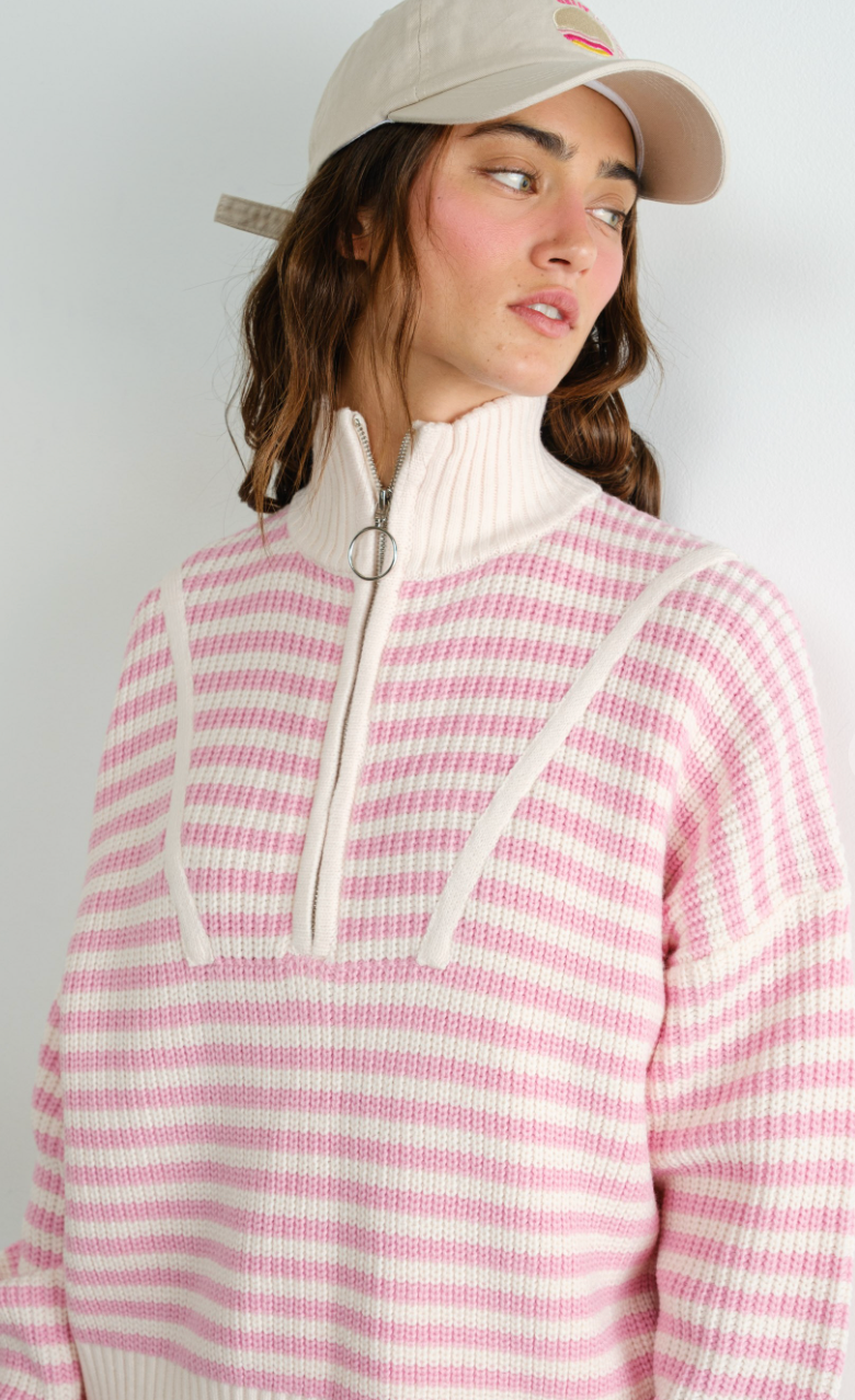 Half Zip Stripe Sweater Pink/White