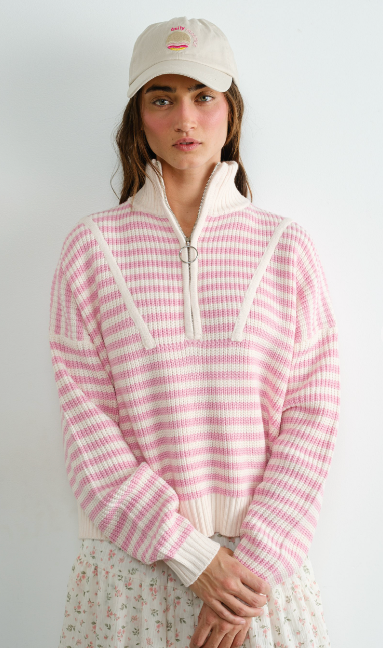 Half Zip Stripe Sweater Pink/White