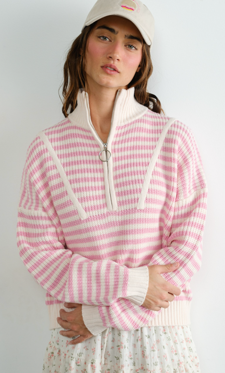 Half Zip Stripe Sweater Pink/White