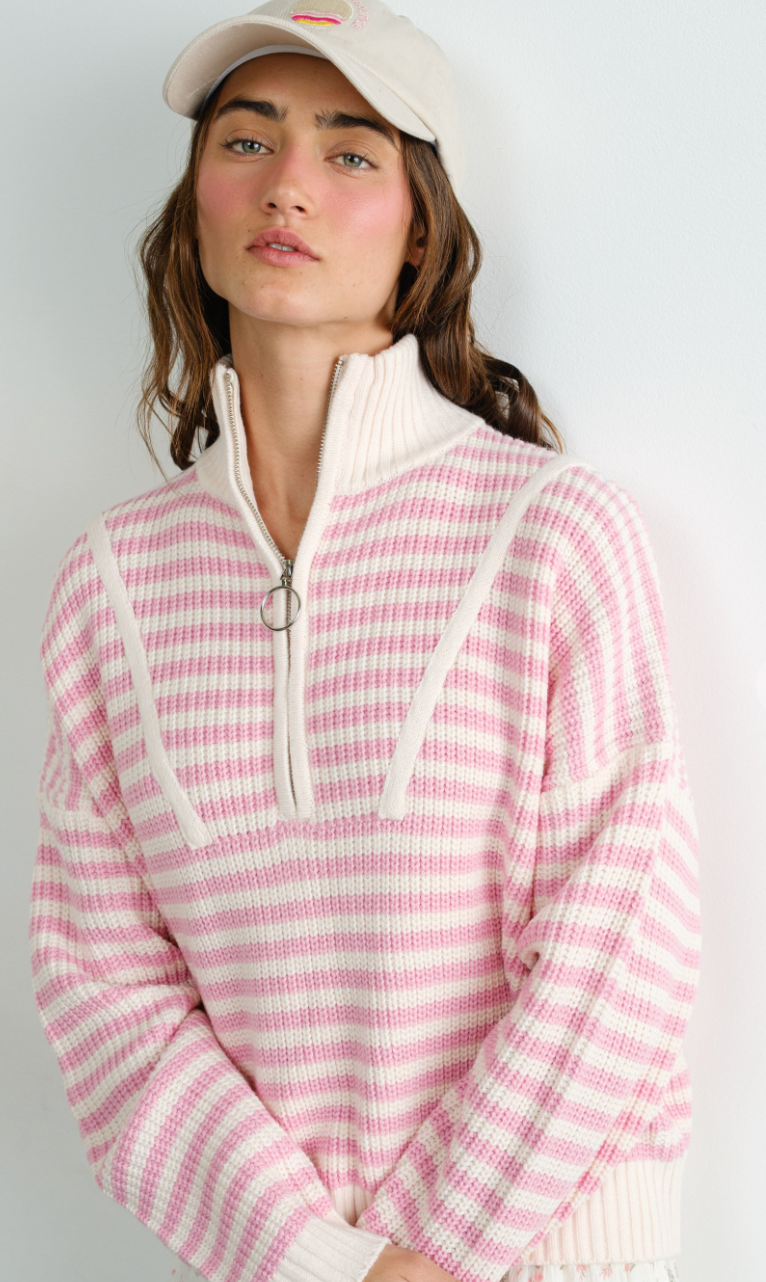 Half Zip Stripe Sweater Pink/White