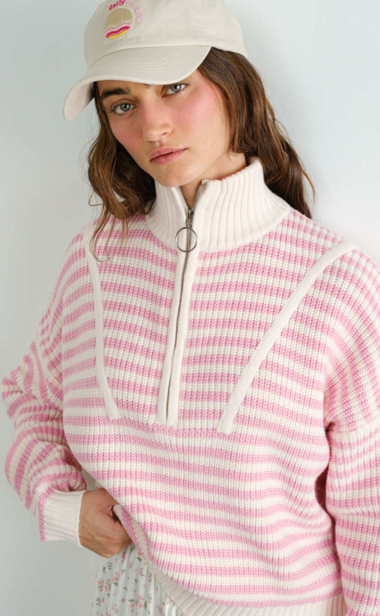 Half Zip Stripe Sweater Pink/White
