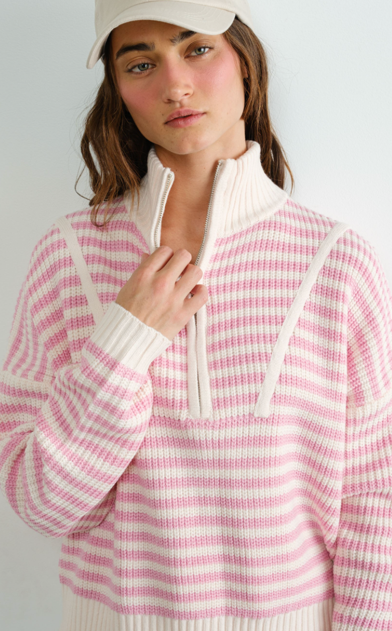 Half Zip Stripe Sweater Pink/White