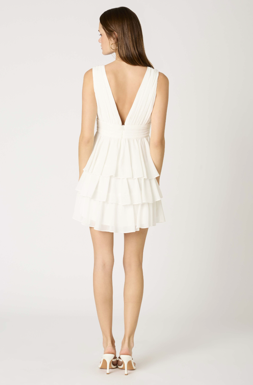 White Tiered Ruffle V-neck Dress