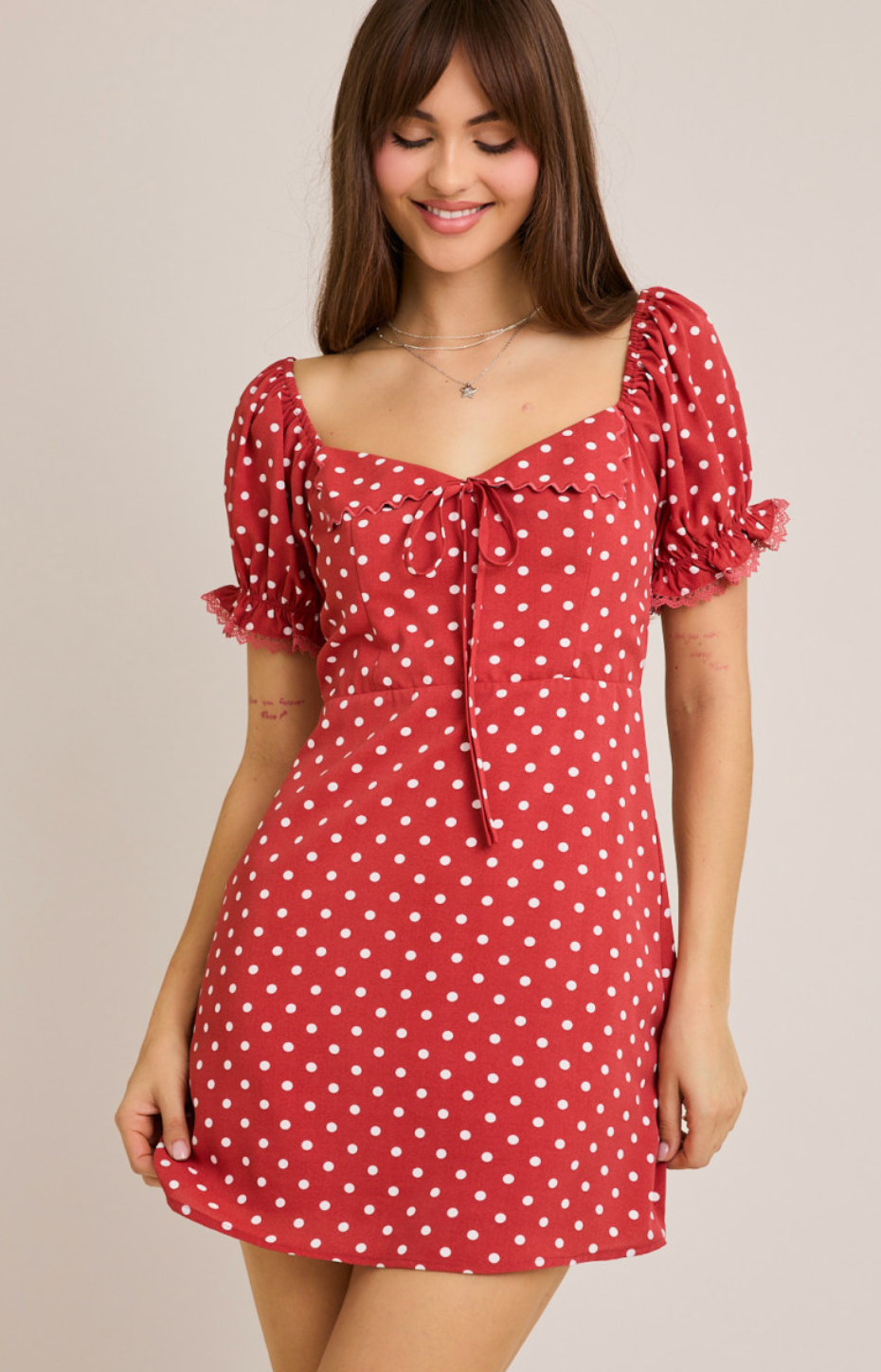 Red Short Sleeve Polka Dot Dress
