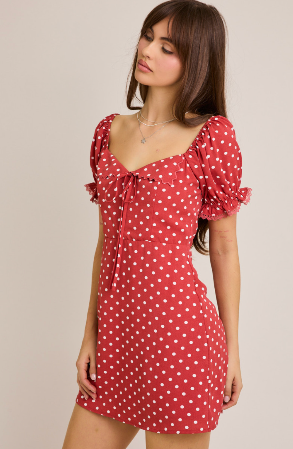 Red Short Sleeve Polka Dot Dress