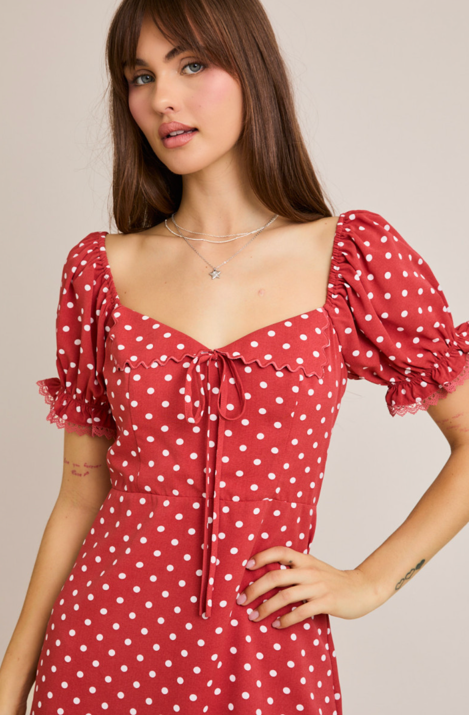 Red Short Sleeve Polka Dot Dress