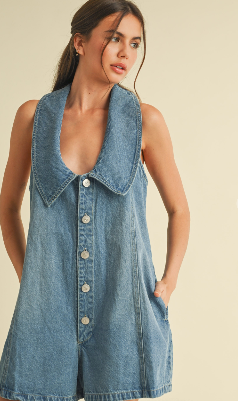 Denim Oversized Collar Romper