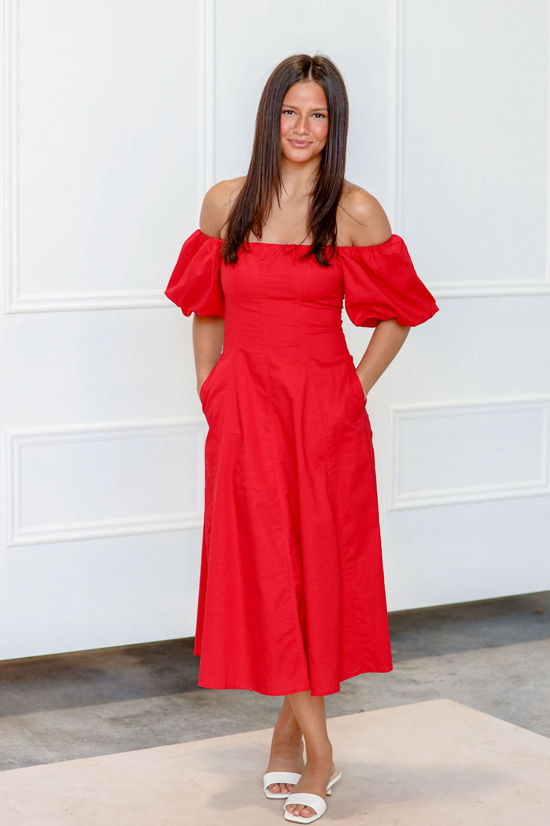 Puff Sleeve Off Shoulder Dress Red – Clothe Boutique