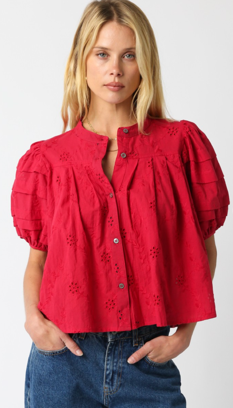 Eyelet Puff Sleeve Blouse Red