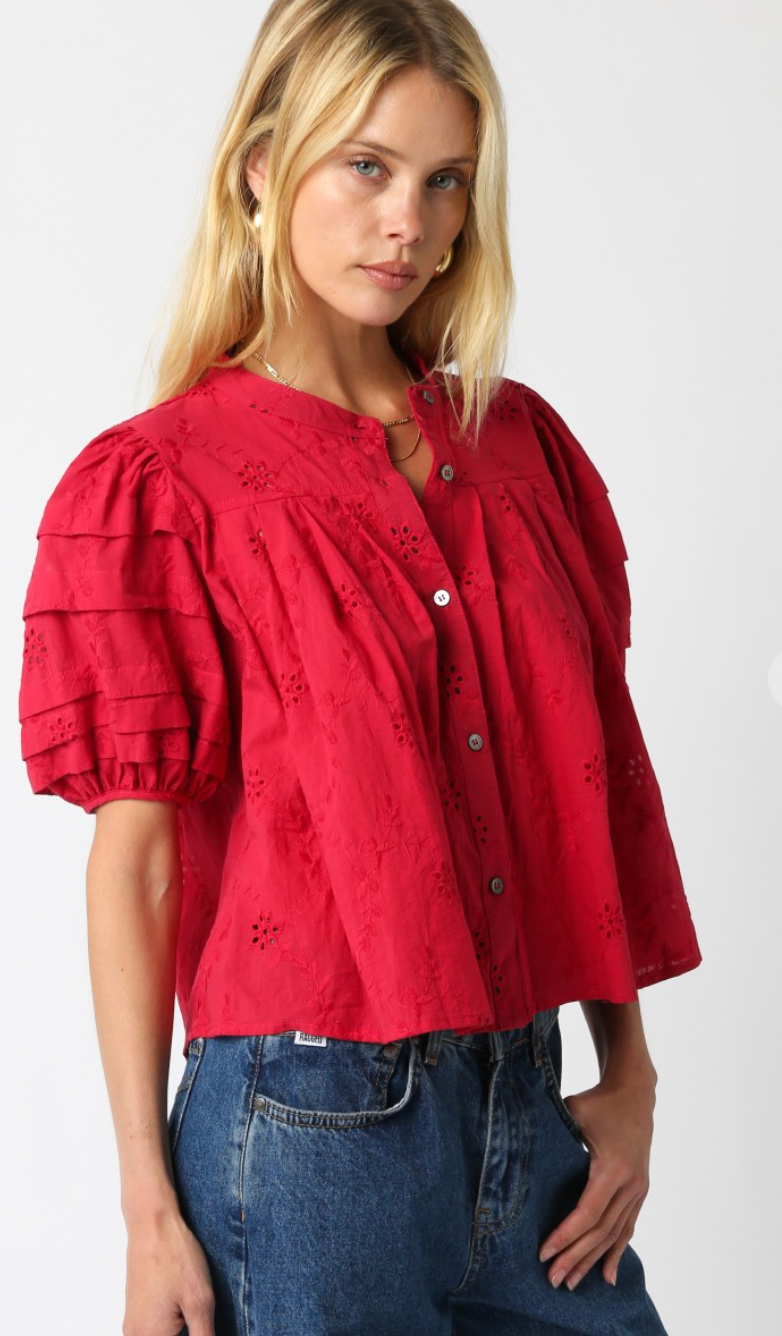 Eyelet Puff Sleeve Blouse Red
