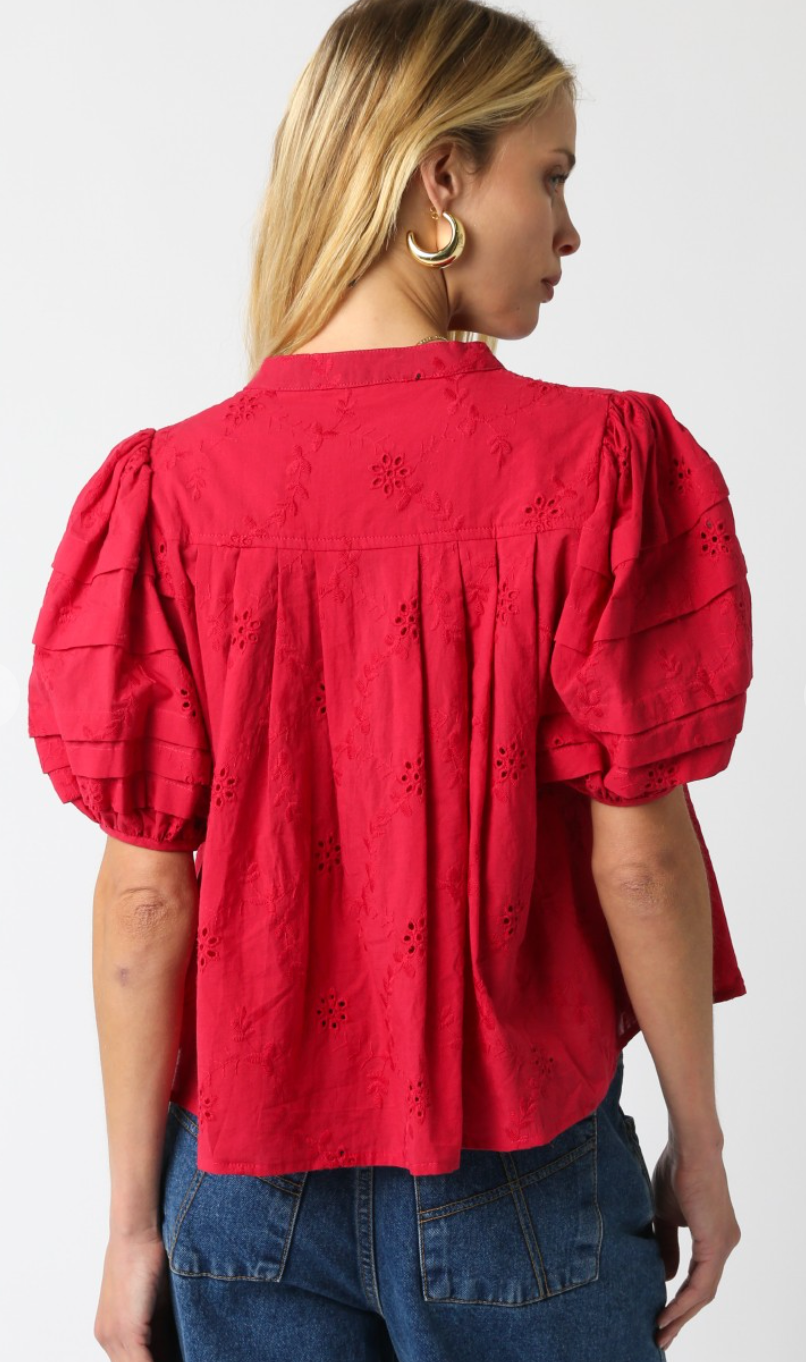 Eyelet Puff Sleeve Blouse Red