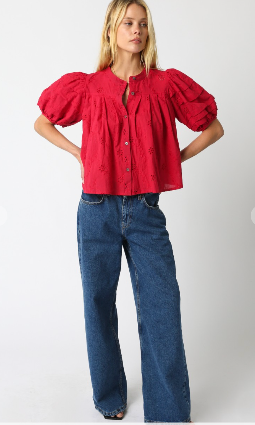 Eyelet Puff Sleeve Blouse Red
