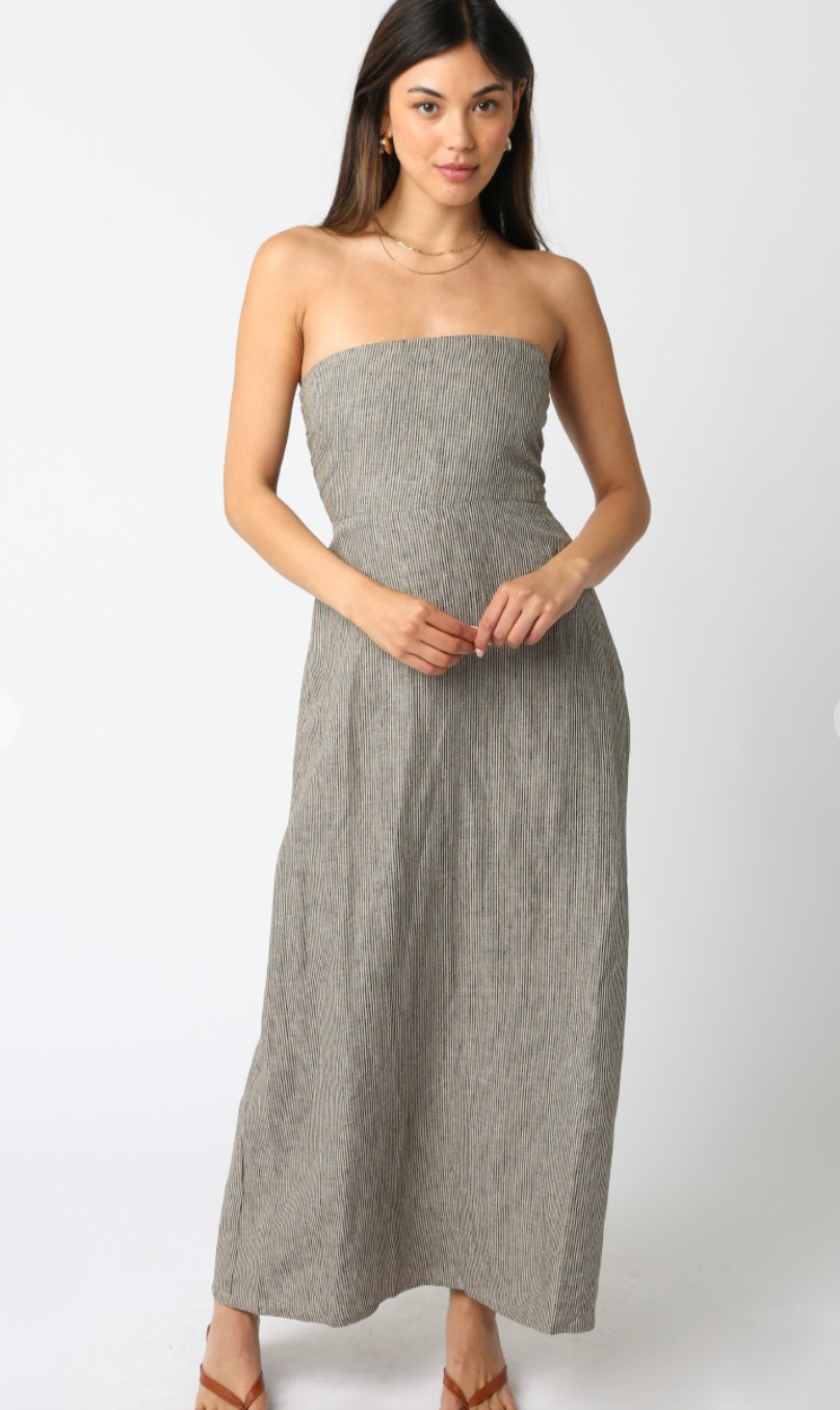 Taupe Strapless Stripe Linen Dress